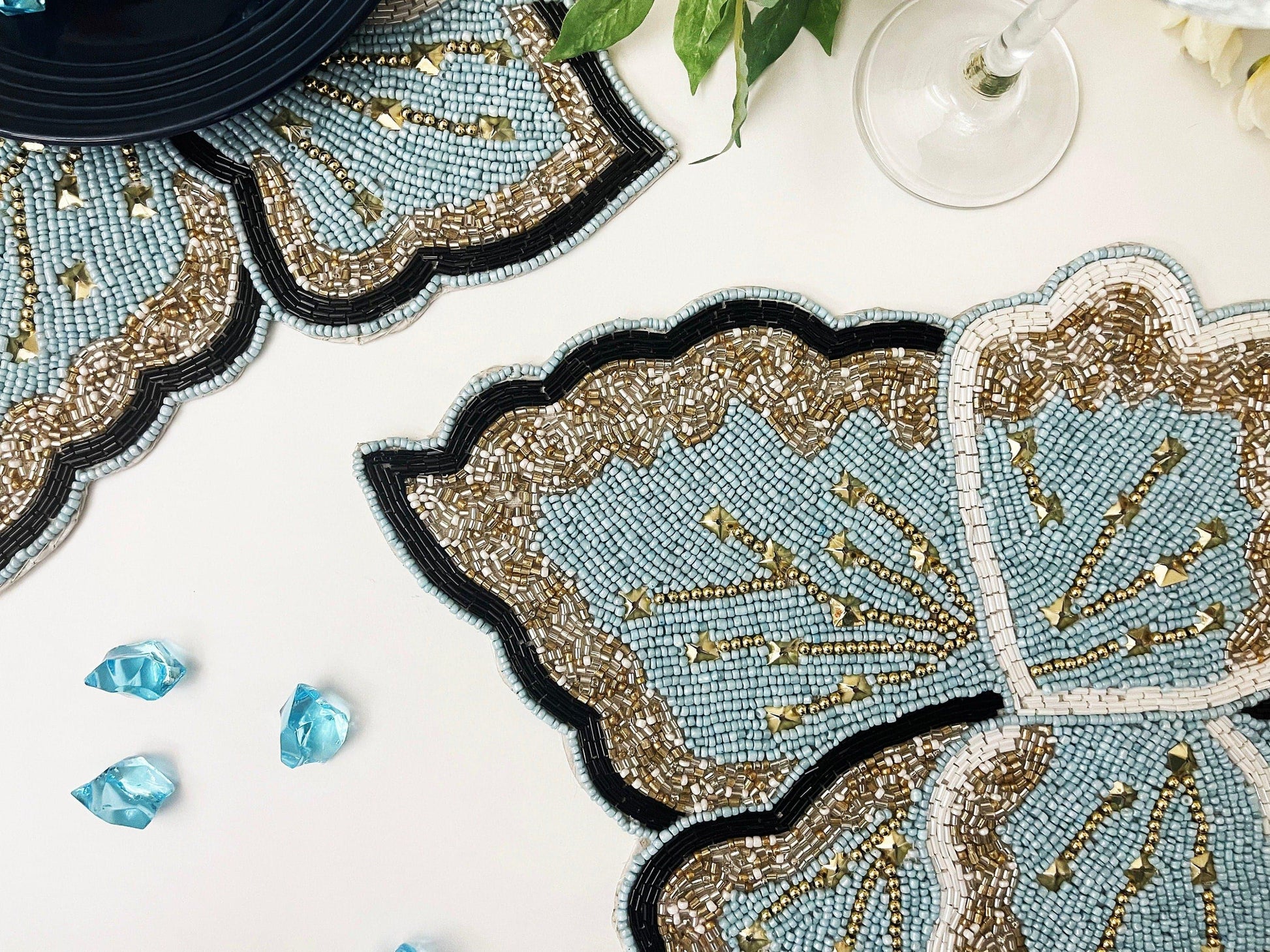 Floral Leaf Beaded Placemat - Blue and Gold - Set of 2 - MAIA HOMES