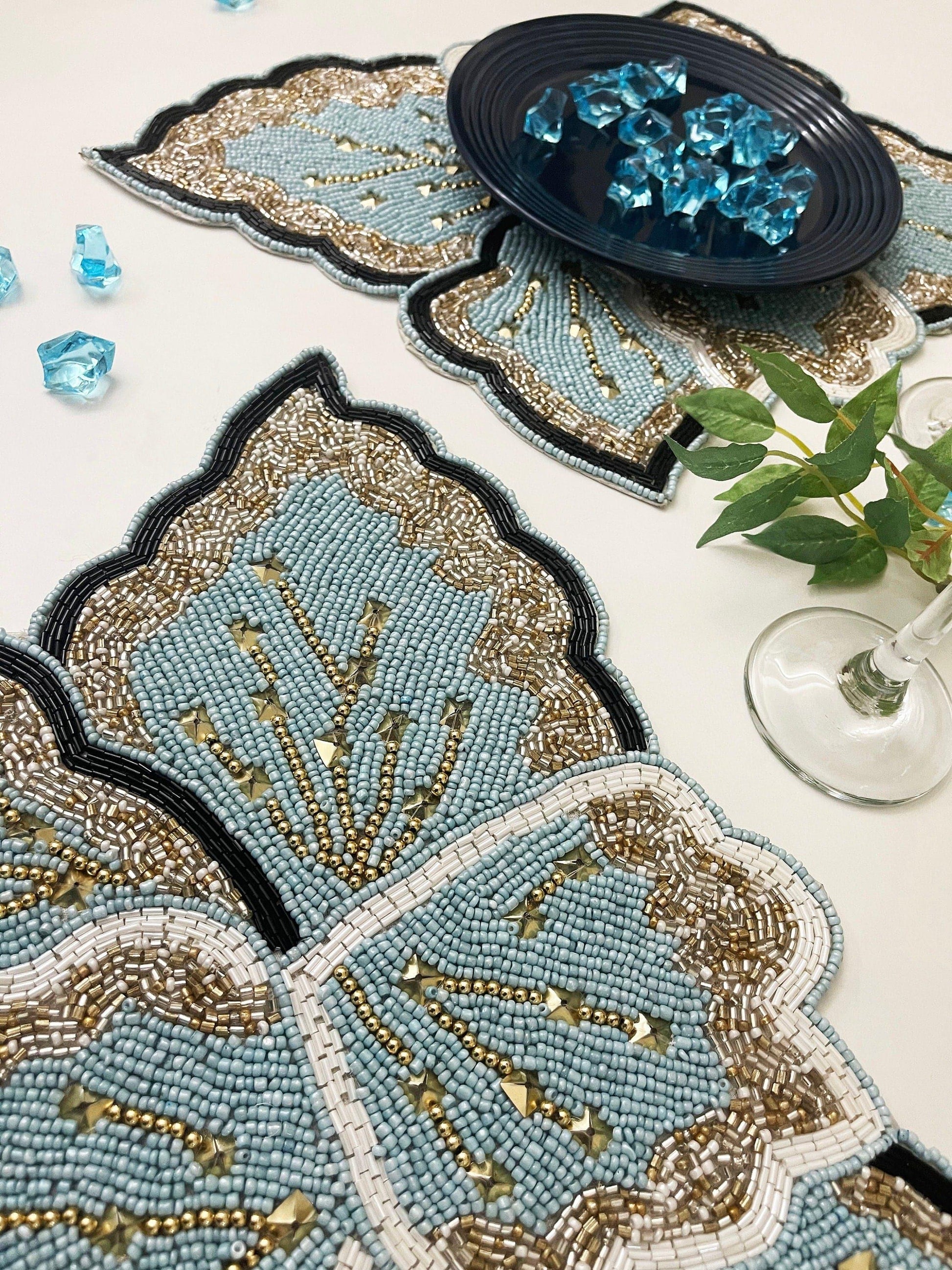 Floral Leaf Beaded Placemat - Blue and Gold - Set of 2 - MAIA HOMES