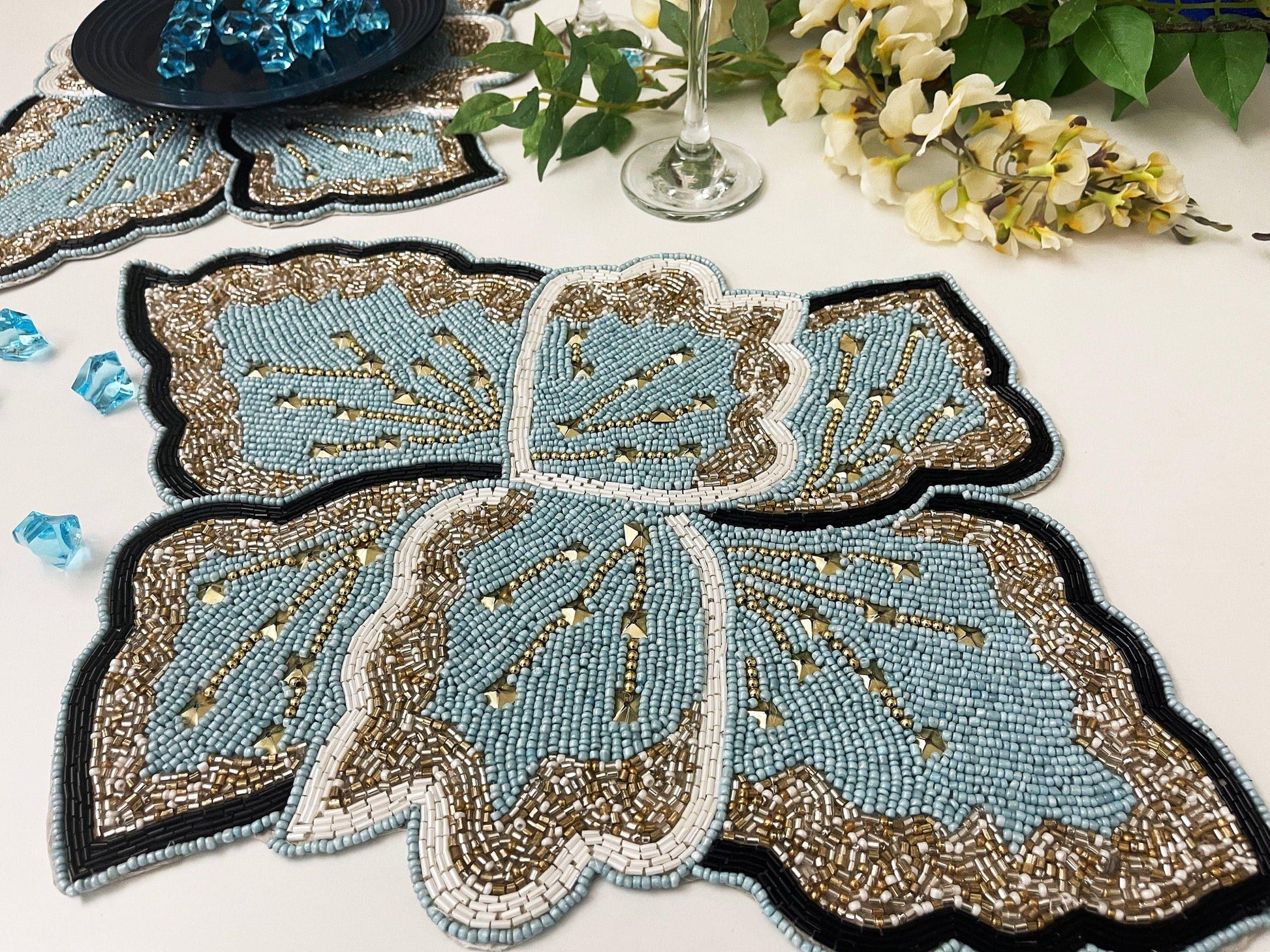 Floral Leaf Beaded Placemat - Blue and Gold - Set of 2