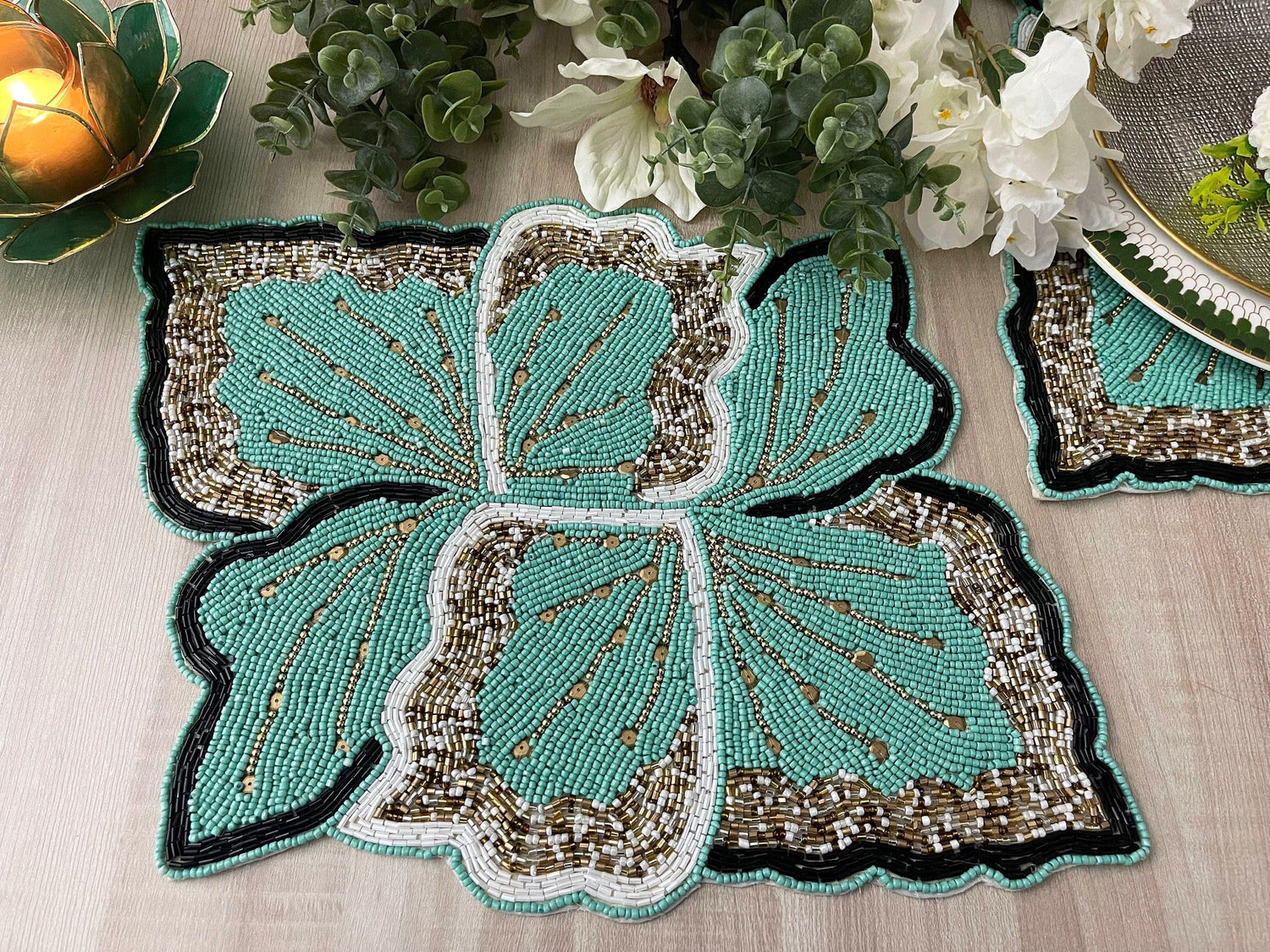 Floral Leaf Beaded Placemat - Green and Gold