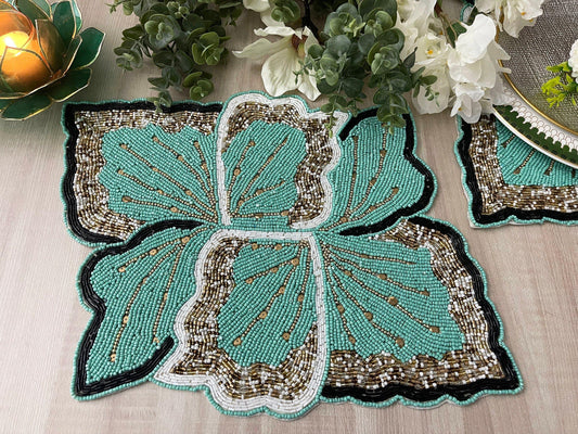 Floral Leaf Beaded Placemat - Green and Gold - Set of 2 - MAIA HOMES