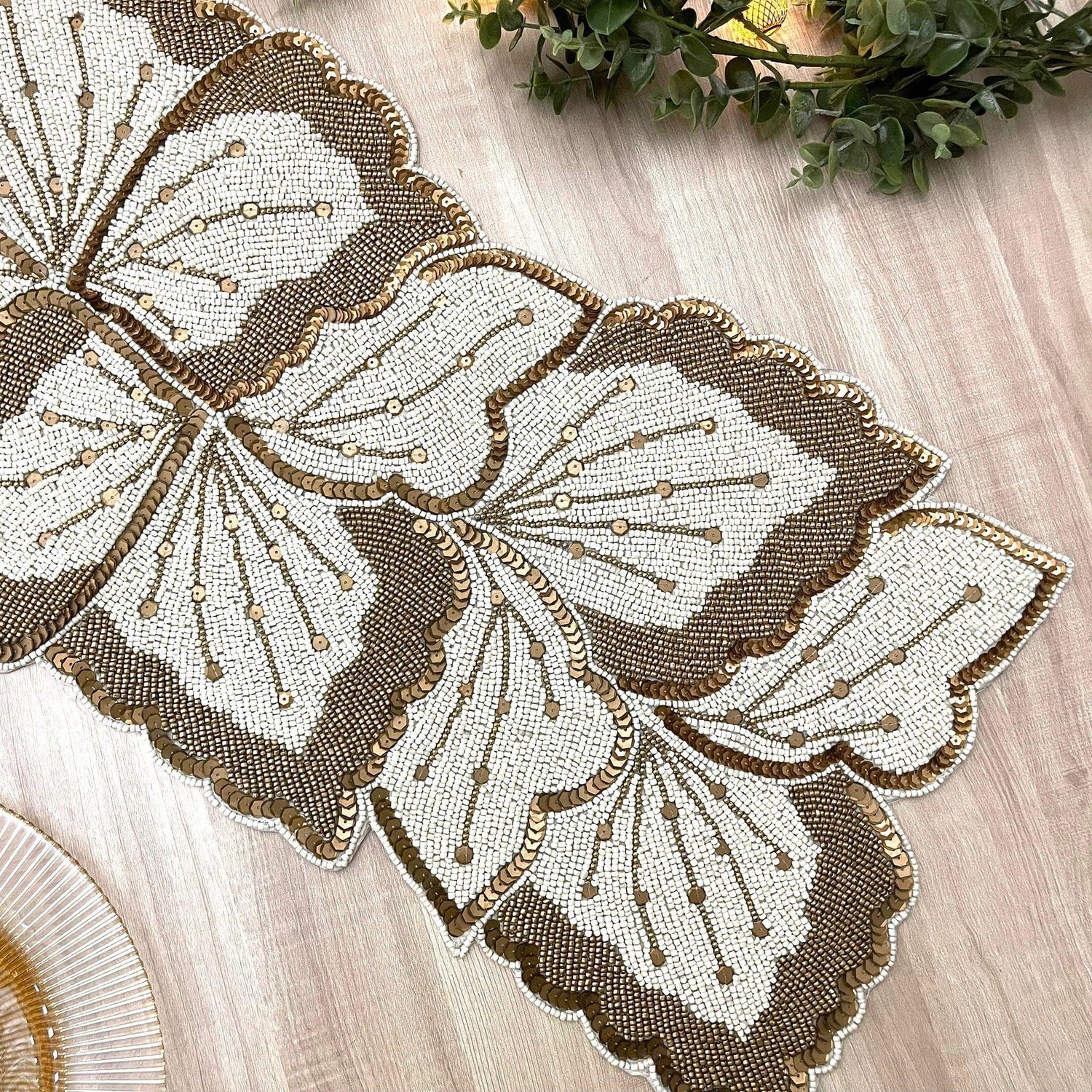 Floral Leaf Beaded Table Runner - Cream and Gold