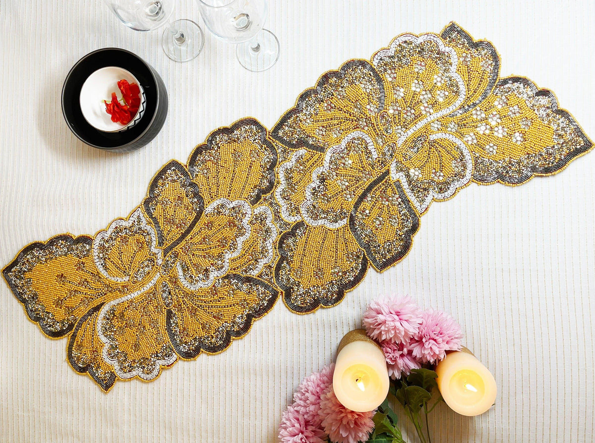 Floral Leaf Beaded Table Runner - Yellow and Gold