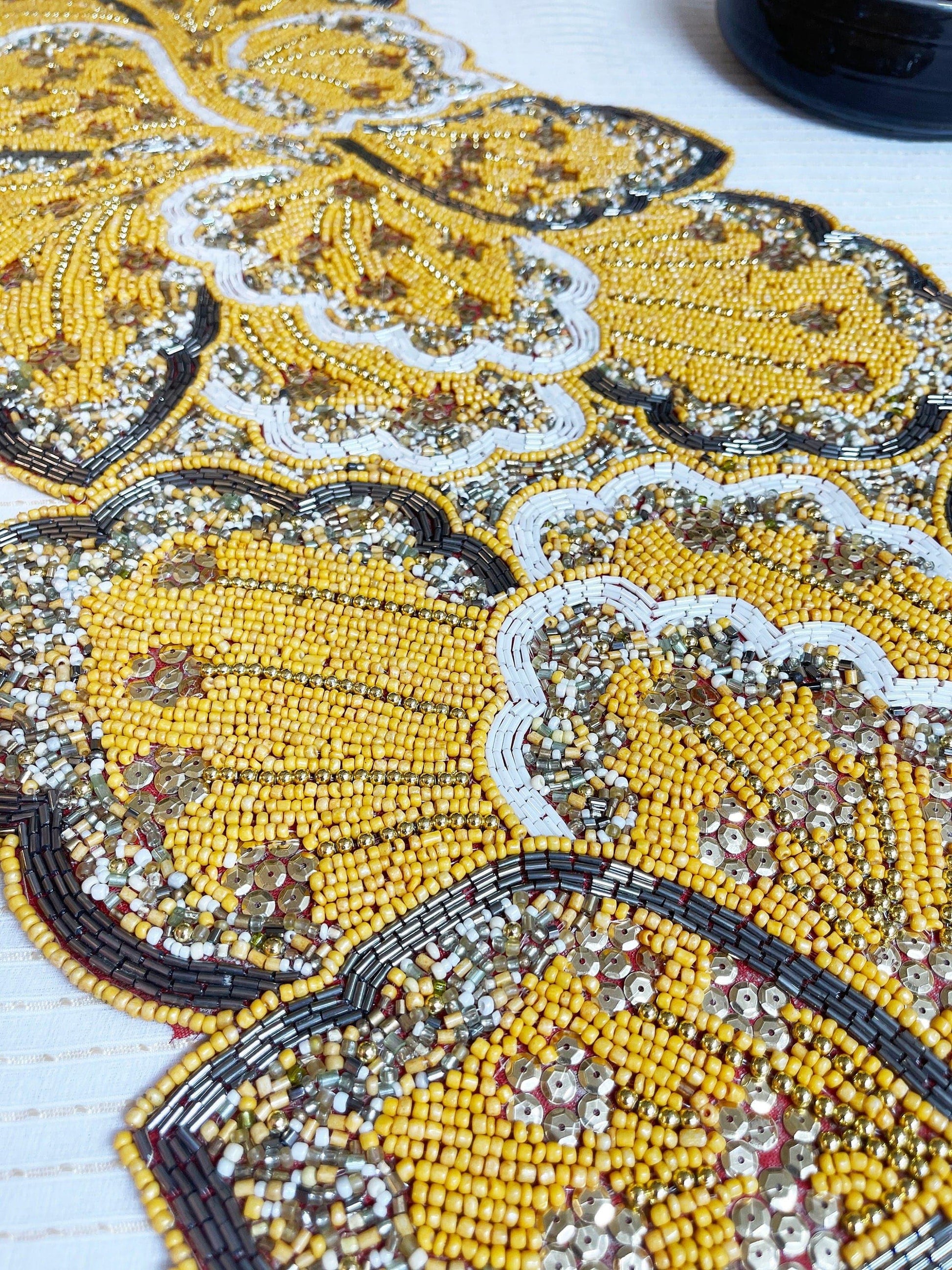 Floral Leaf Beaded Table Runner - Yellow and Gold - MAIA HOMES