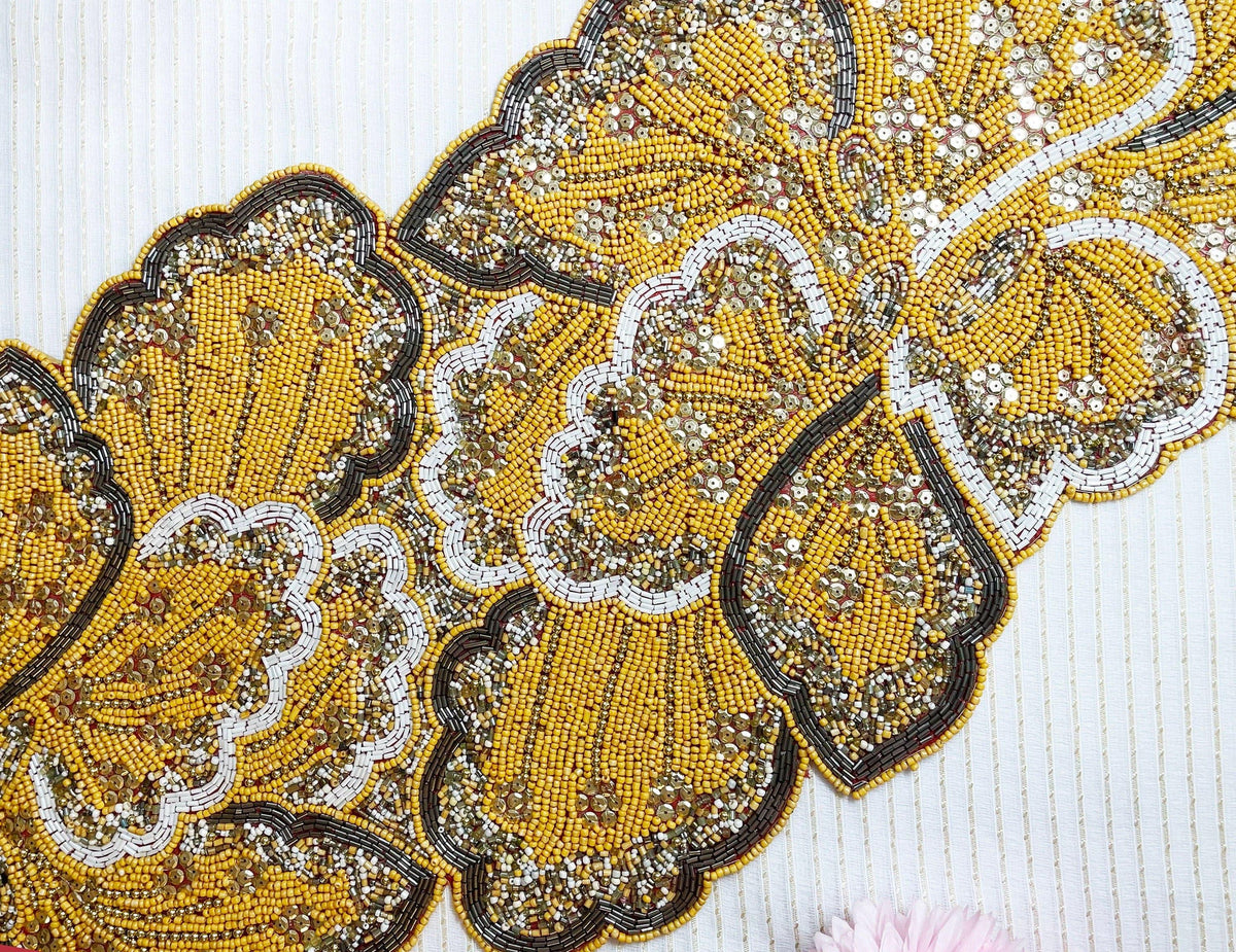 Floral Leaf Beaded Table Runner - Yellow and Gold