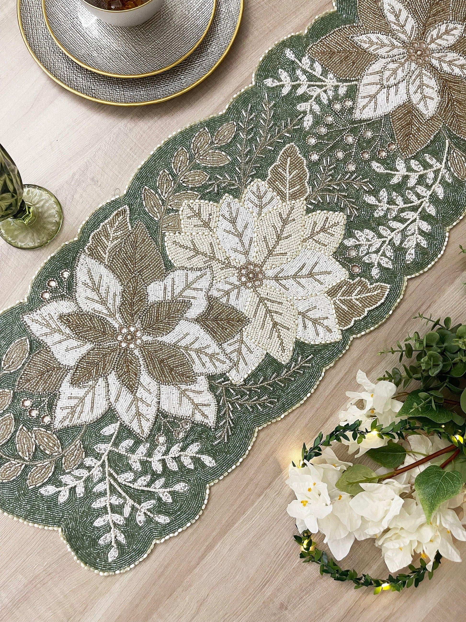 Floral Leafy Beaded Table Runner - Poinsettia