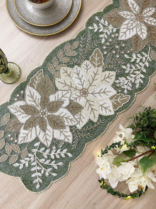 Floral Leafy Beaded Table Runner - Poinsettia - MAIA HOMES