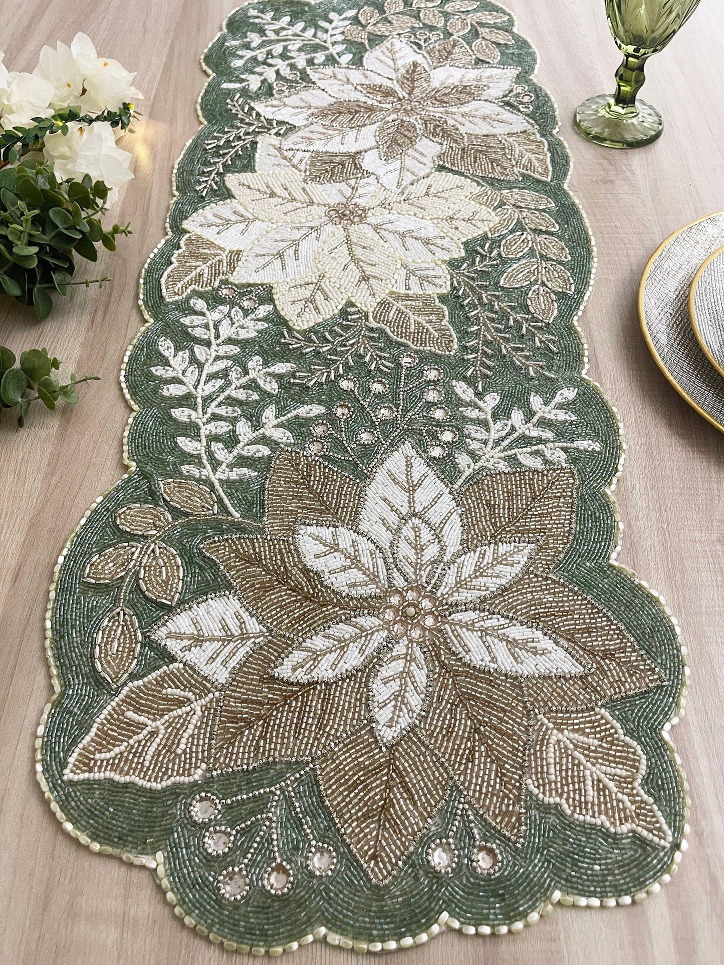 Floral Leafy Beaded Table Runner - Poinsettia