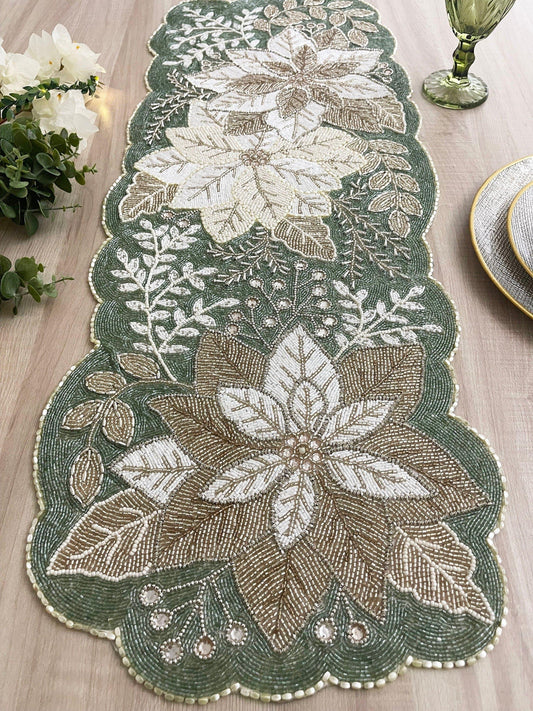 Floral Leafy Beaded Table Runner - Poinsettia - MAIA HOMES