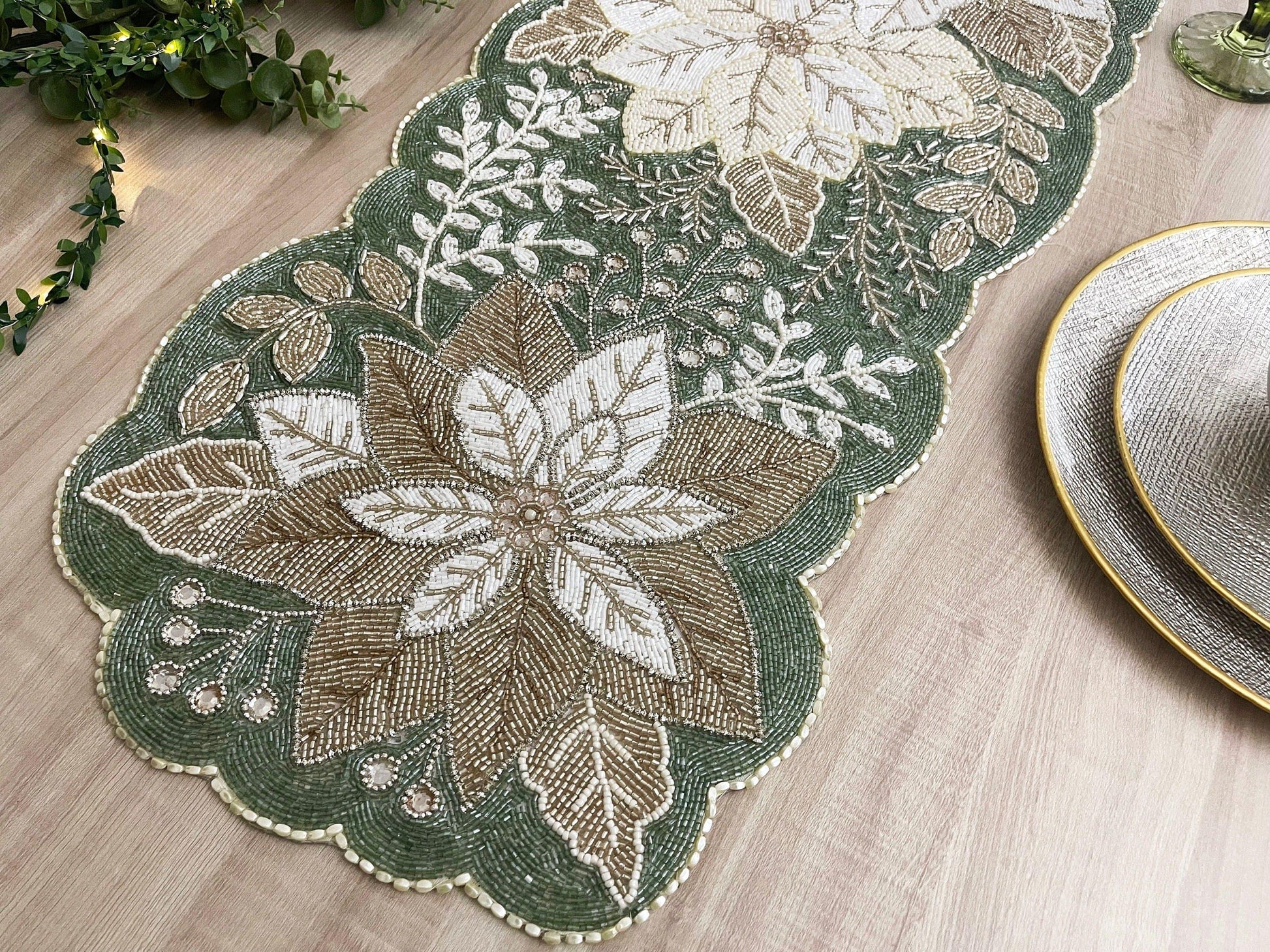 Floral Leafy Beaded Table Runner - Poinsettia Default Title