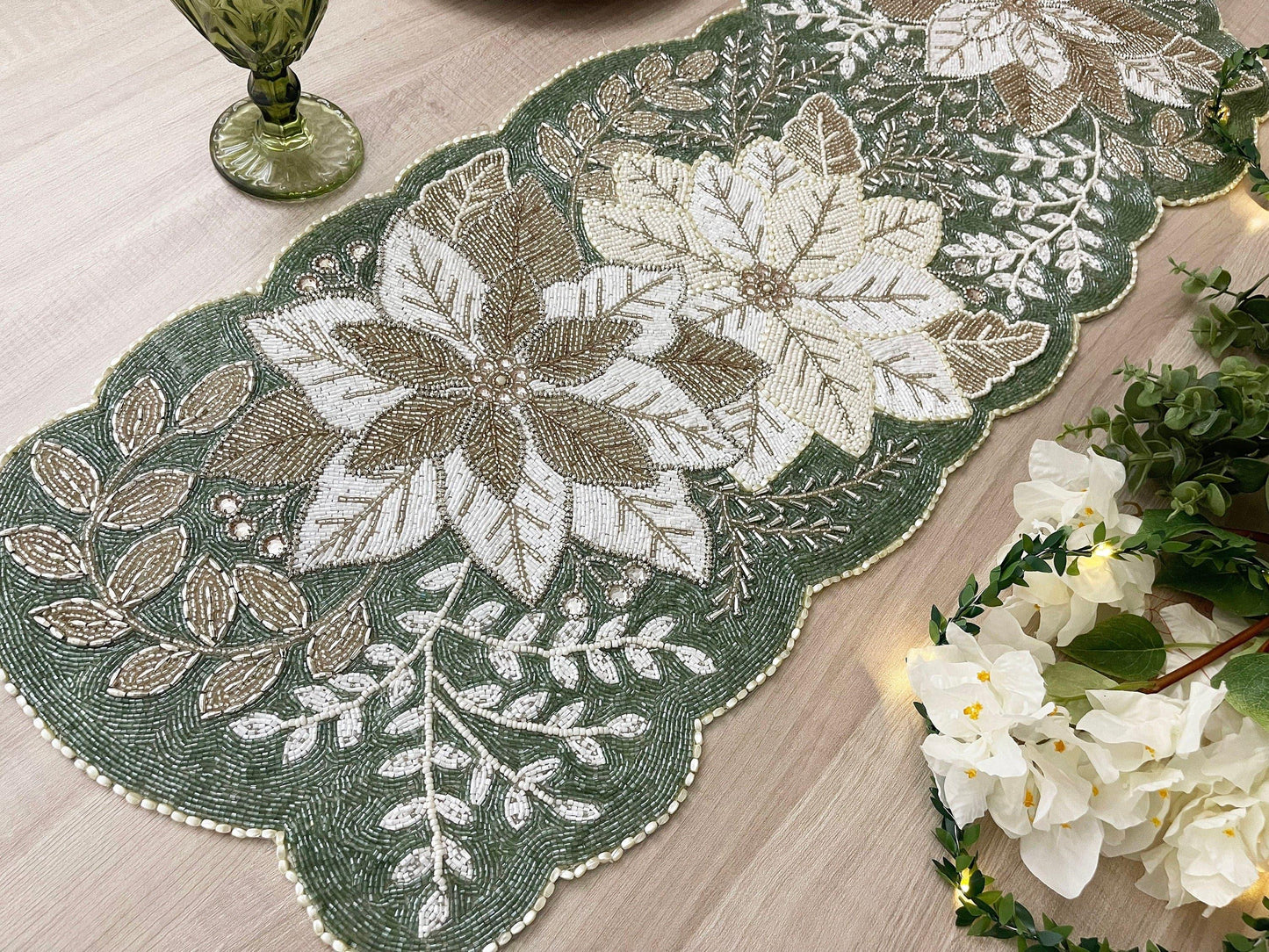 Floral Leafy Beaded Table Runner - Poinsettia