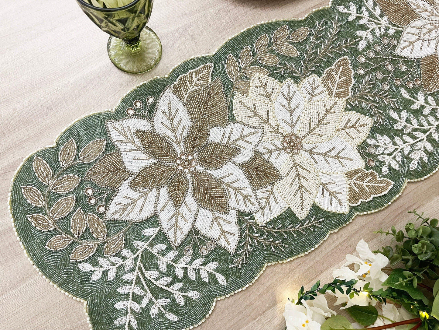 Floral Leafy Beaded Table Runner - Poinsettia