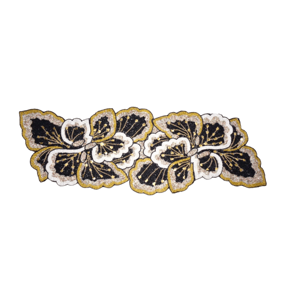 Floral Leaves Beaded Table Runner - Black and Gold