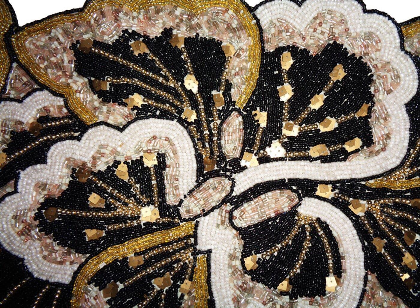 Floral Leaves Beaded Table Runner - Black and Gold