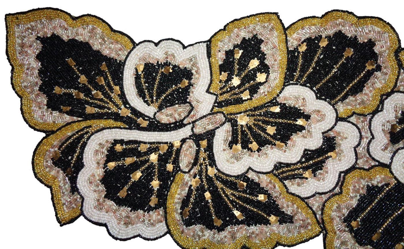 Floral Leaves Beaded Table Runner - Black and Gold