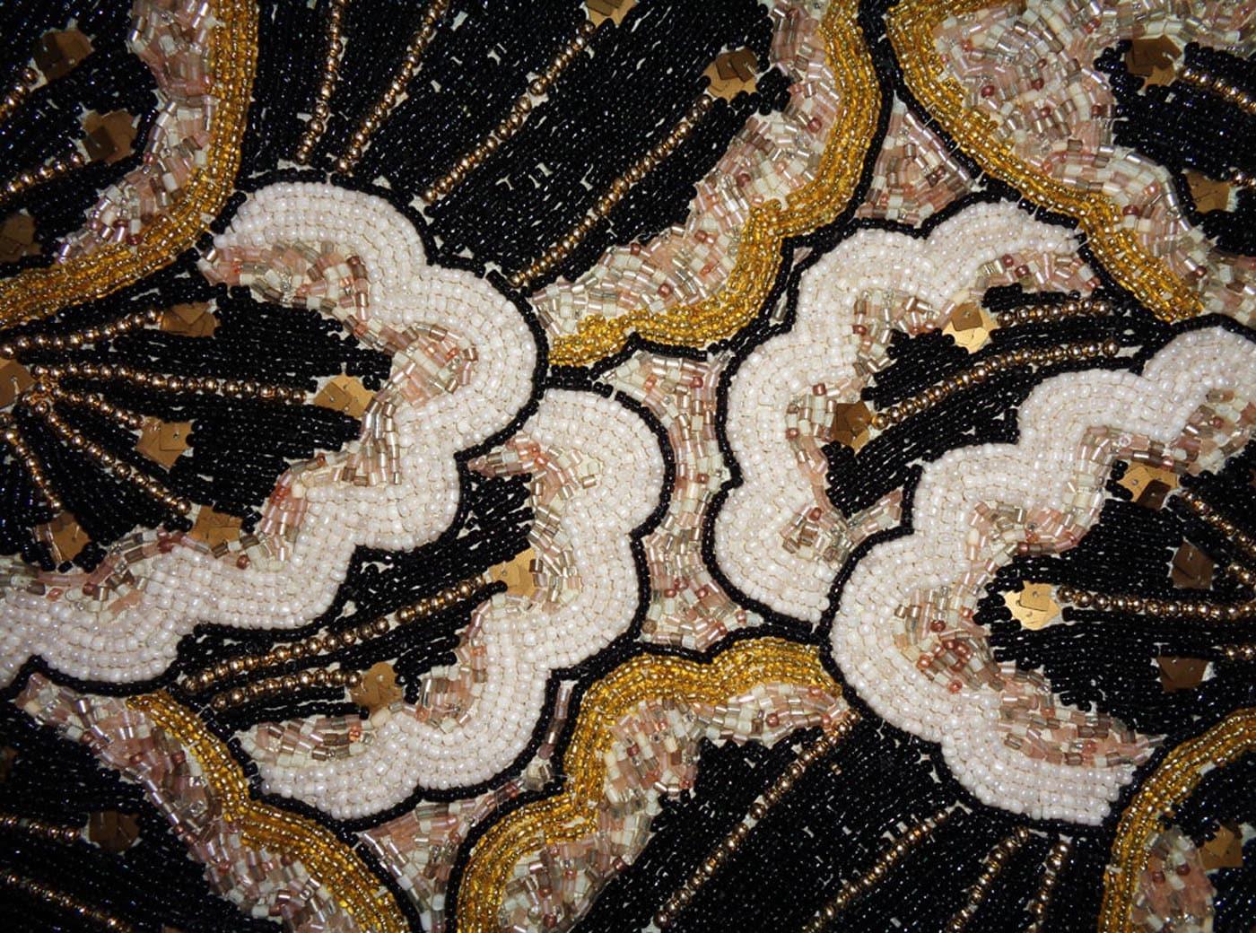 Floral Leaves Beaded Table Runner - Black and Gold