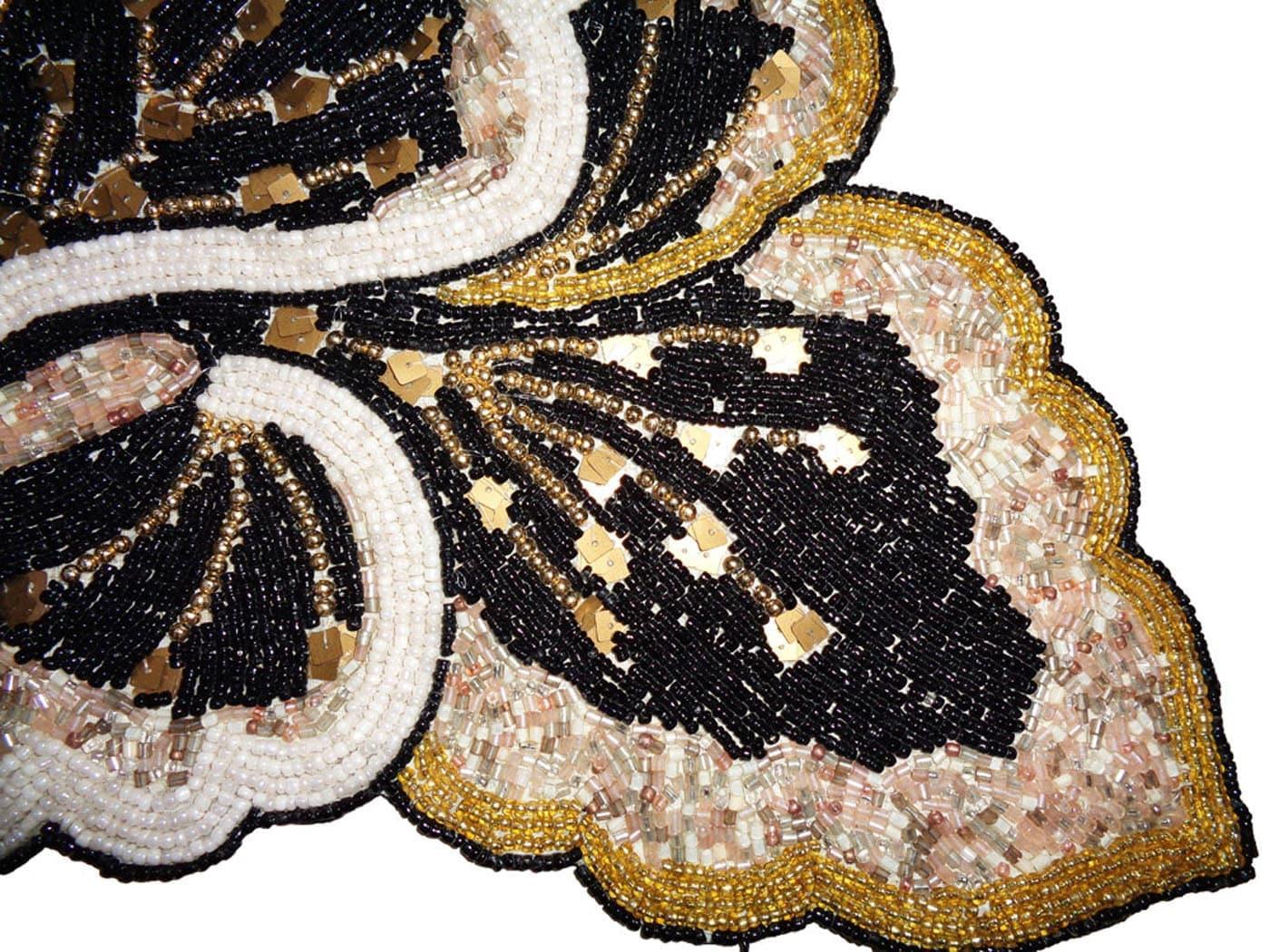 Floral Leaves Beaded Table Runner - Black and Gold