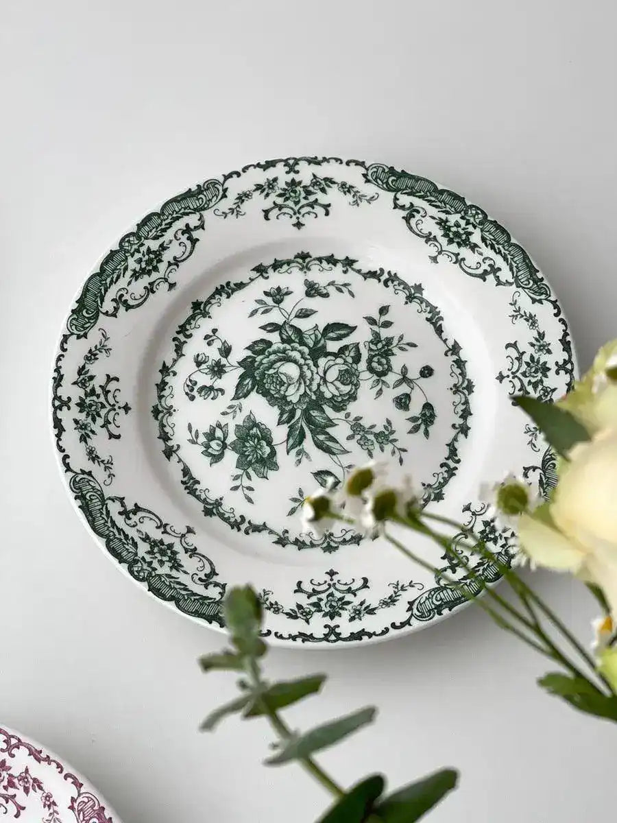 Floral Vintage Inspired Rose Dessert Plate Green