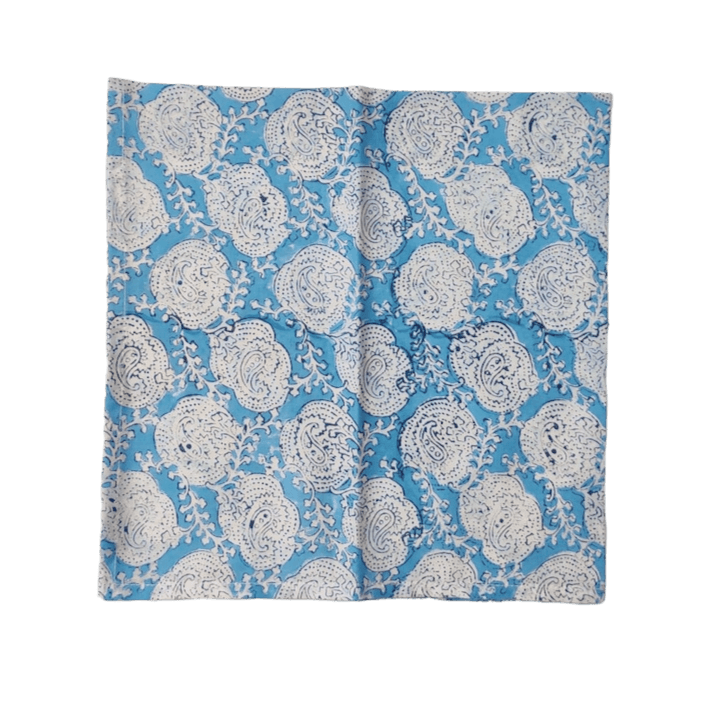 Floral White and Sky Blue Block Print Cotton Napkins