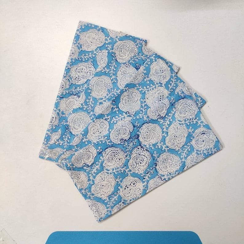 Floral White and Sky Blue Block Print Cotton Napkins