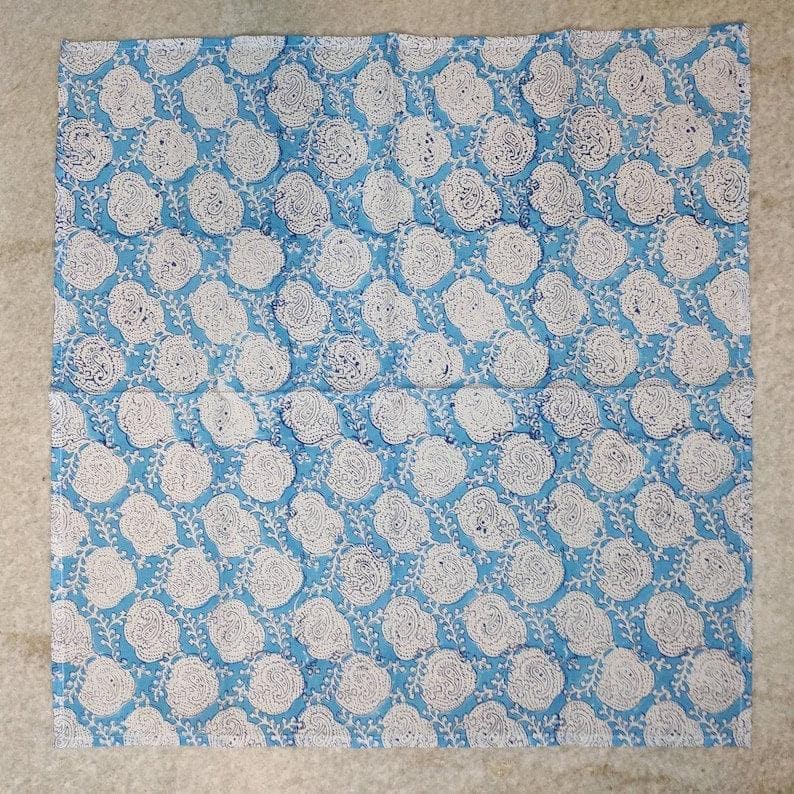 Floral White and Sky Blue Block Print Cotton Napkins - MAIA HOMES