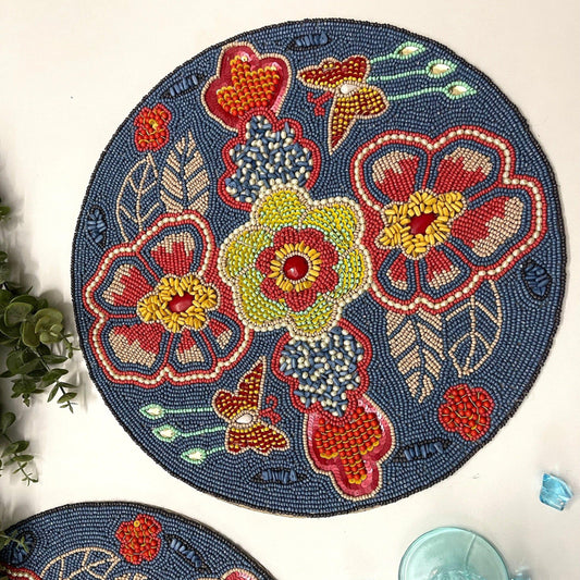Flower and Butterfly Round Beaded Placemat - MAIA HOMES