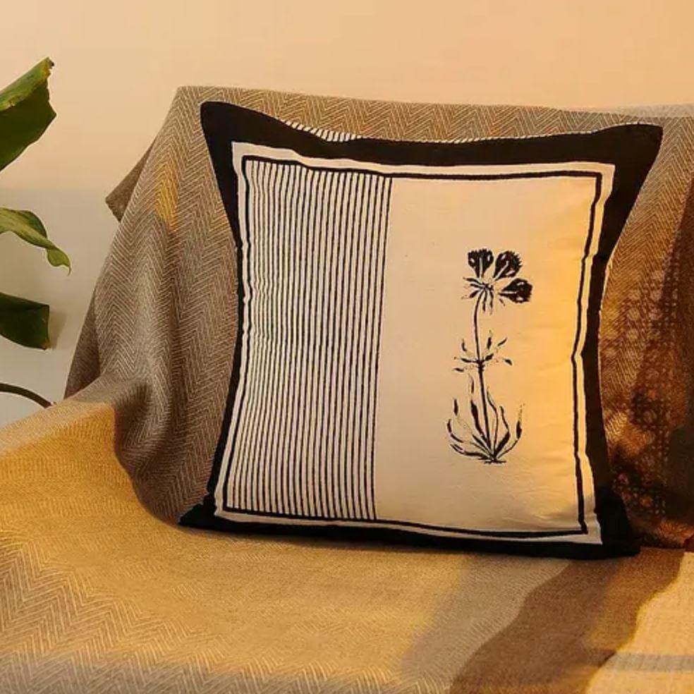 Flower and Stripe Cotton Cushion Covers - Pack of 2 - Olive Indigo Black