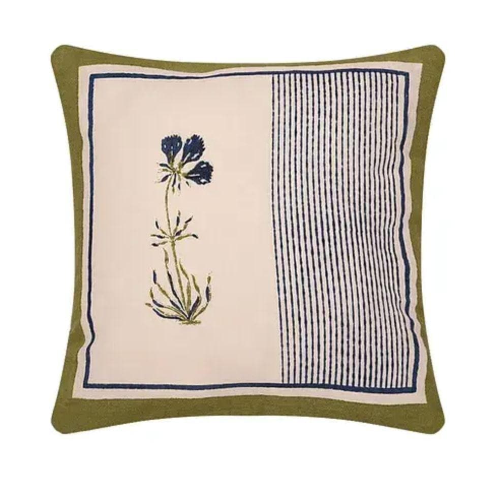 Flower and Stripe Cotton Cushion Covers - Pack of 2 - Olive Indigo - MAIA HOMES