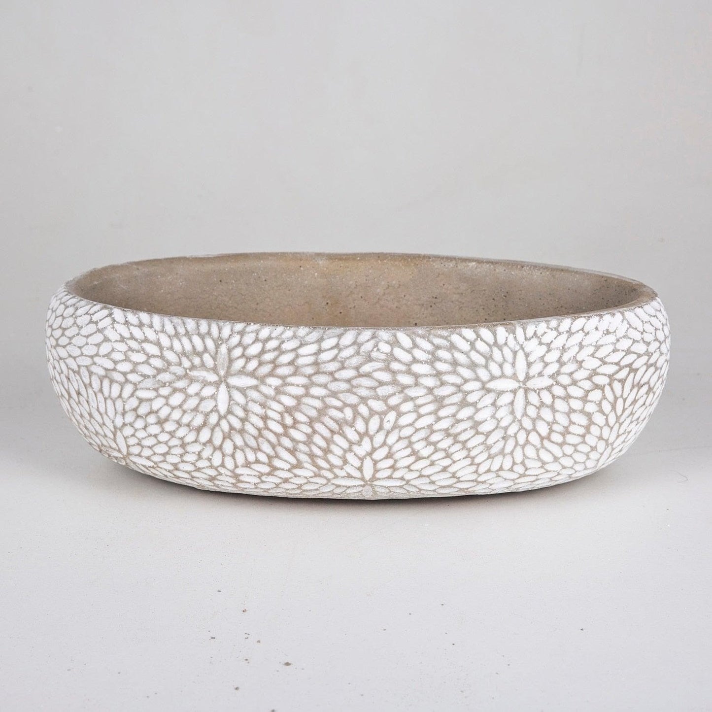 Flower Motif Carved Oval White Concrete Pot - MAIA HOMES