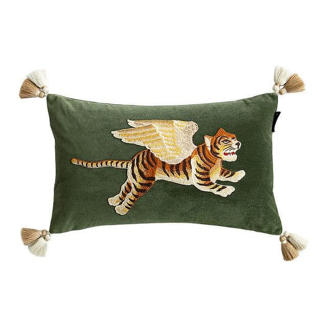 Flying Angelic Wing Tiger Embroidered Throw Pillow Cover Green Flying Tiger Lumbar