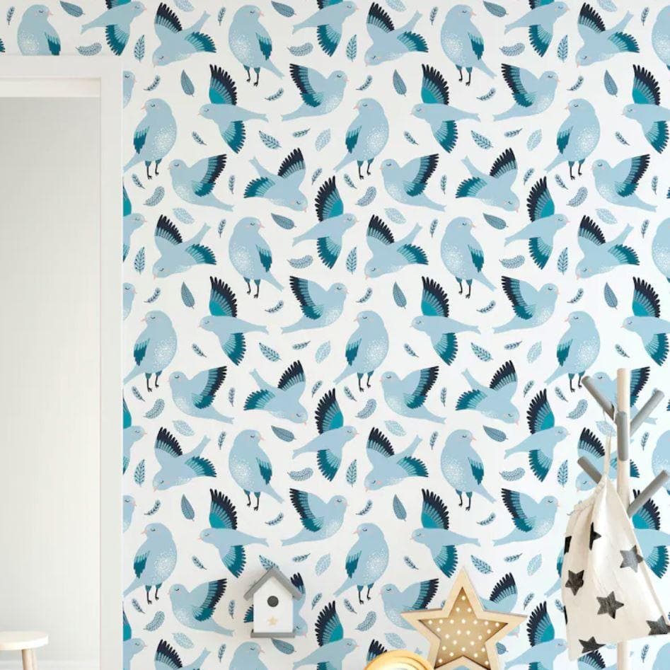 Flying Blue Birds Nursery Wallpaper