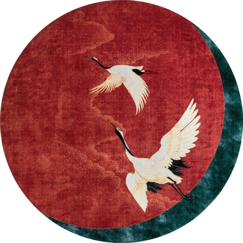 Flying Japanese Cranes Hand Tufted Rug Red