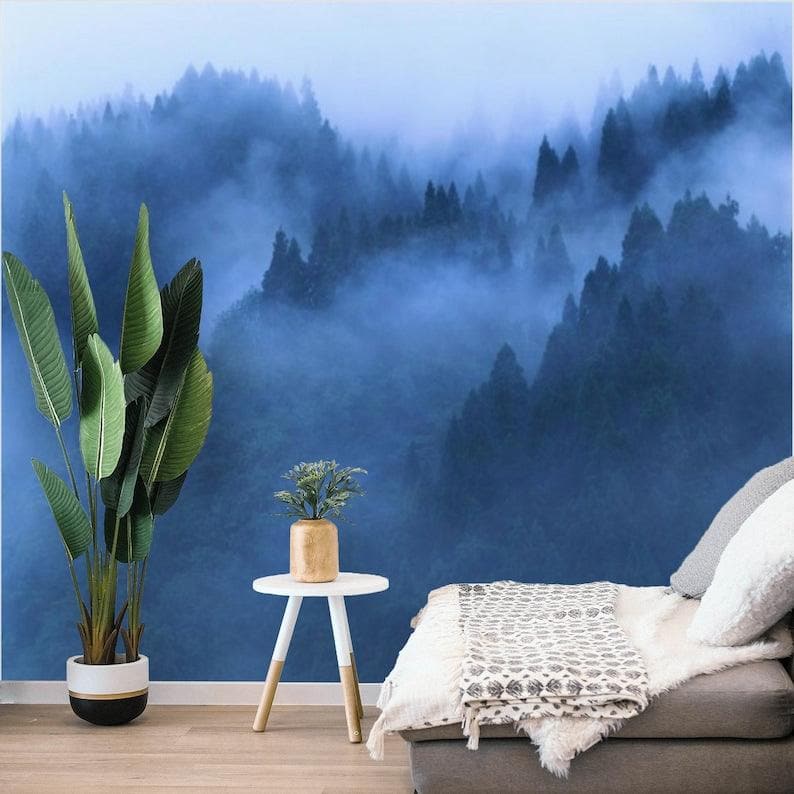 Foggy Blue Pine Forest Wall Mural