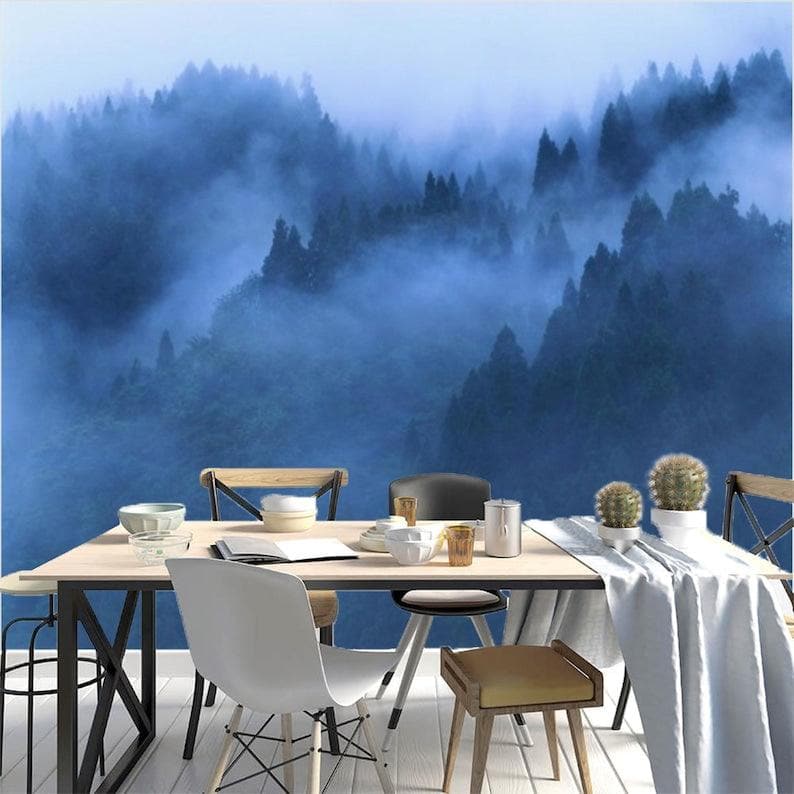 Foggy Blue Pine Forest Wall Mural - MAIA HOMES
