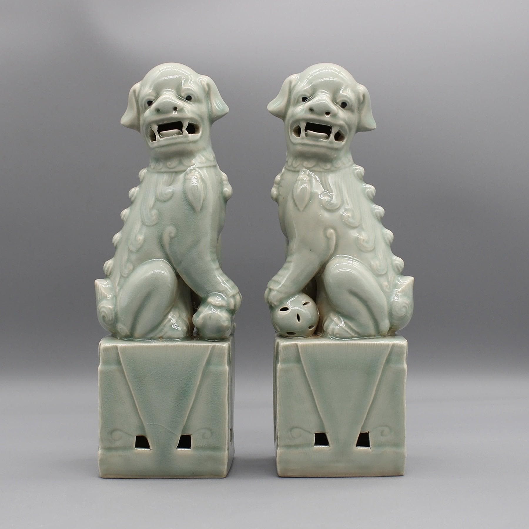 Foo Dogs Ceramic Figurines Pale Blue 10.6" x 3.7" x 2.3" (27 x 9.5 x 6 cm)