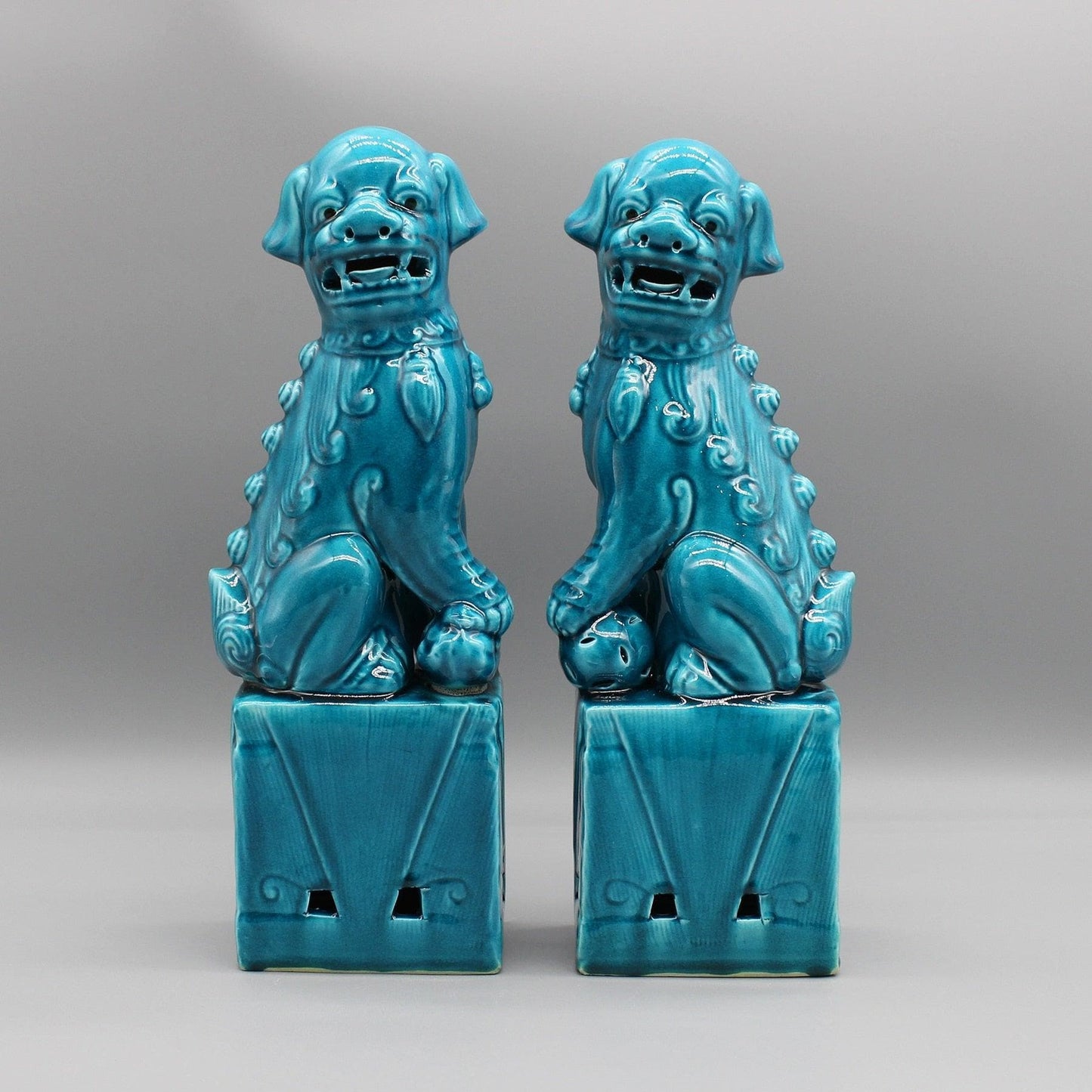 Foo Dogs Ceramic Figurines Cerulean Blue 10.6" x 3.7" x 2.3" (27 x 9.5 x 6 cm)