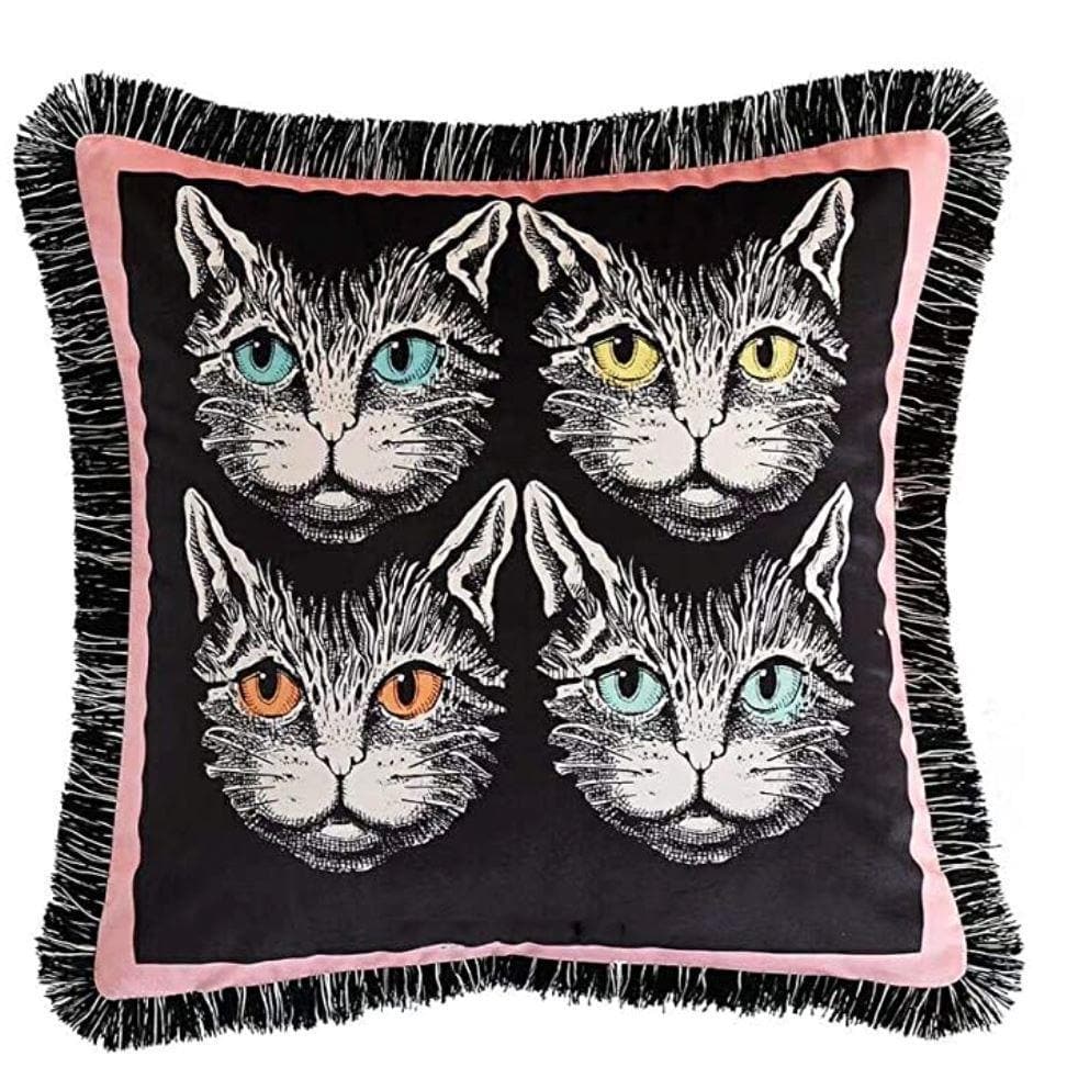 Four Cats Velvet Throw Pillow with Fringes - Pink