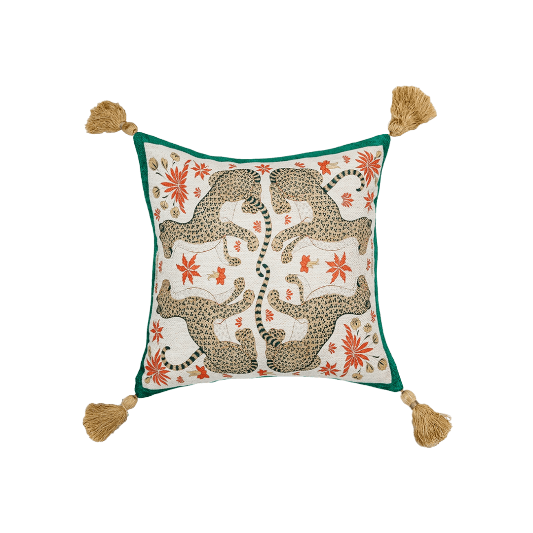 Four Leopards Floral Throw Pillow Cover with Tassels