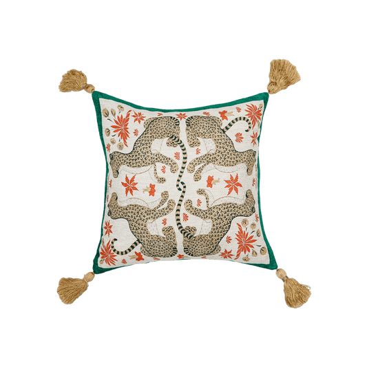 Four Leopards Floral Throw Pillow Cover with Tassels - MAIA HOMES