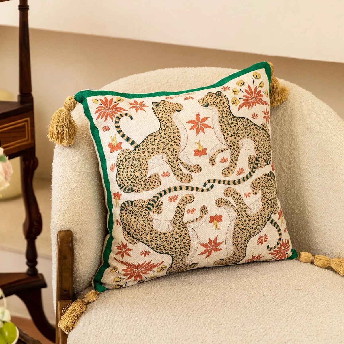 Four Leopards Floral Throw Pillow Cover with Tassels