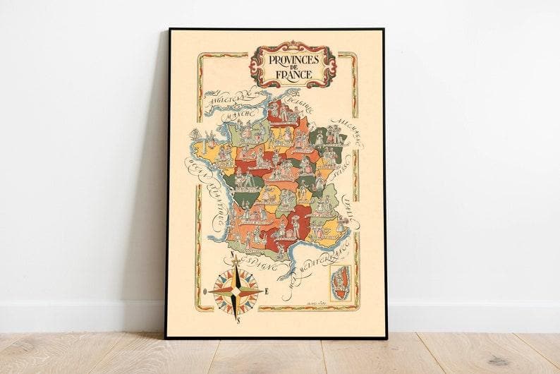 France Provinces Map Print| Vintage France Map Poster - MAIA HOMES