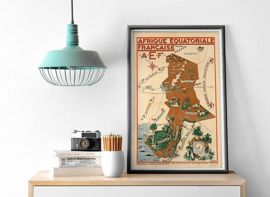 Franch Equatorial Africa Map Poster| Congo, Gabon and Chad Old Map Wall Print