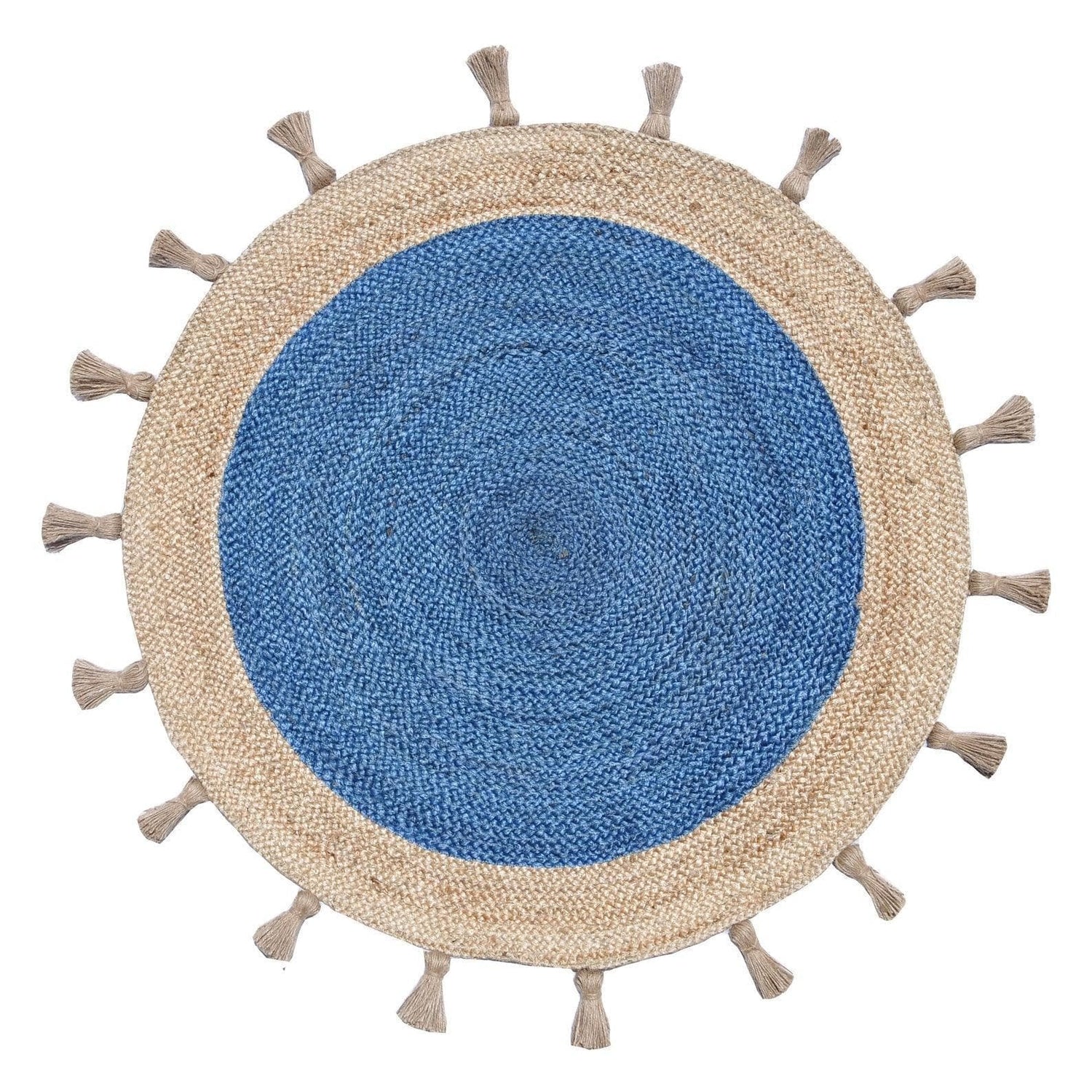 Fringed Blue Round Jute Rug