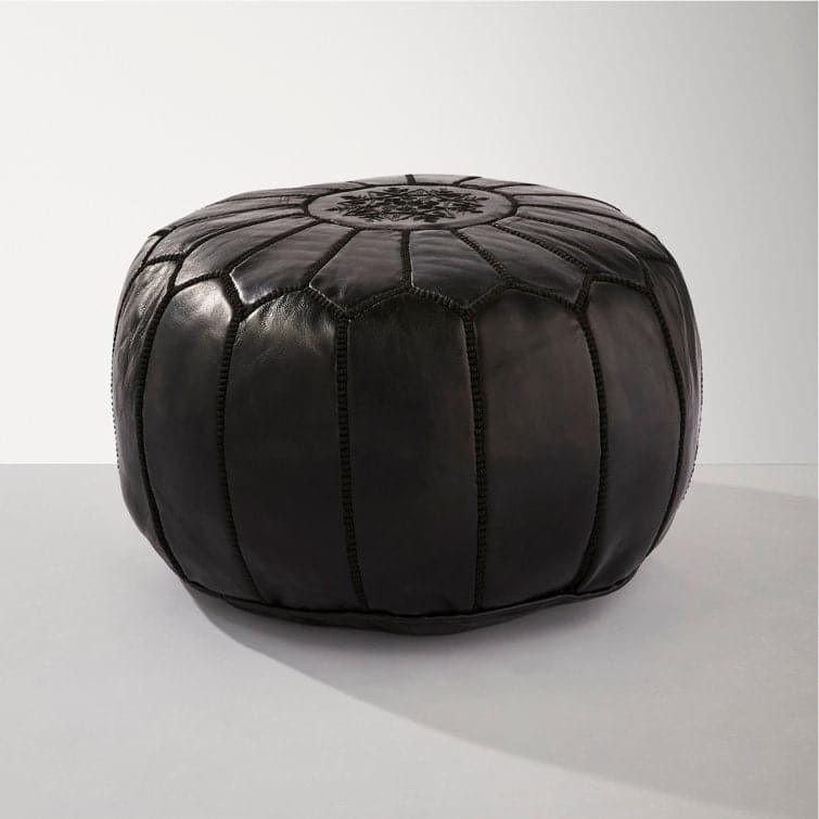 Genuine Leather Round Floral Pouf Ottoman - Black