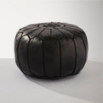 Genuine Leather Round Floral Pouf Ottoman - Black