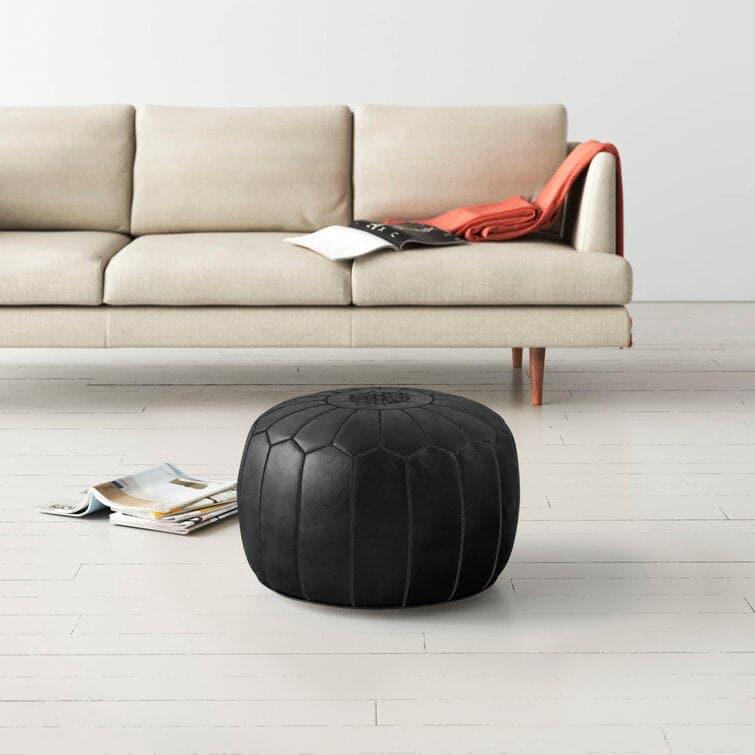 Genuine Leather Round Floral Pouf Ottoman - Black