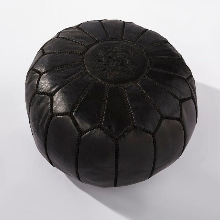 Genuine Leather Round Floral Pouf Ottoman - Black