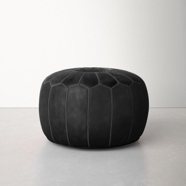 Genuine Leather Round Floral Pouf Ottoman - Black