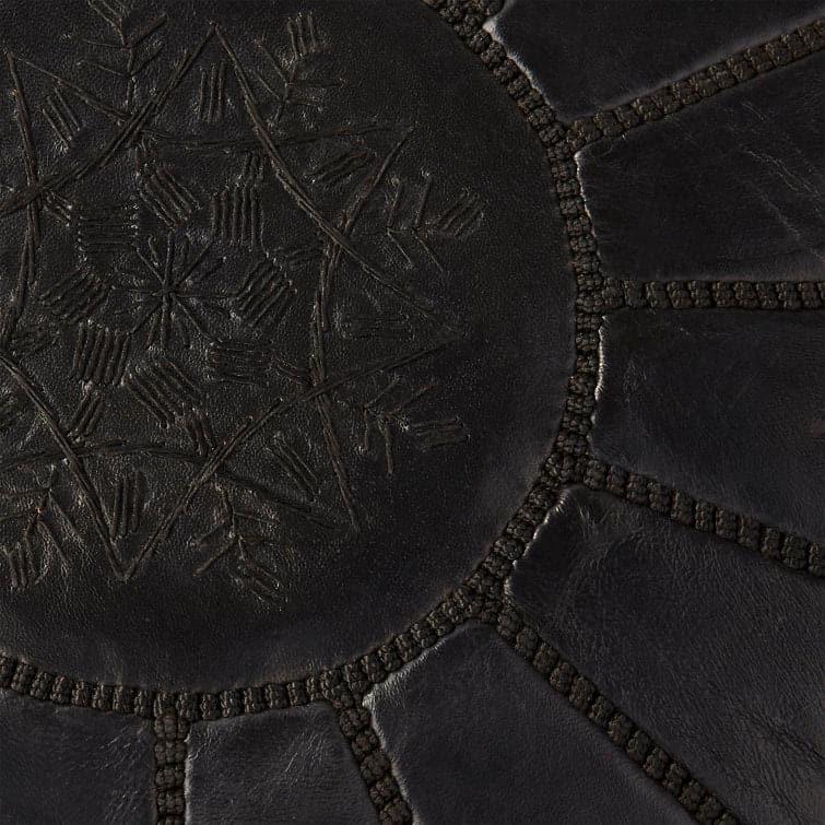 Genuine Leather Round Floral Pouf Ottoman - Black