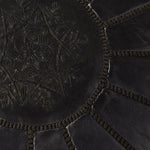 Genuine Leather Round Floral Pouf Ottoman - Black